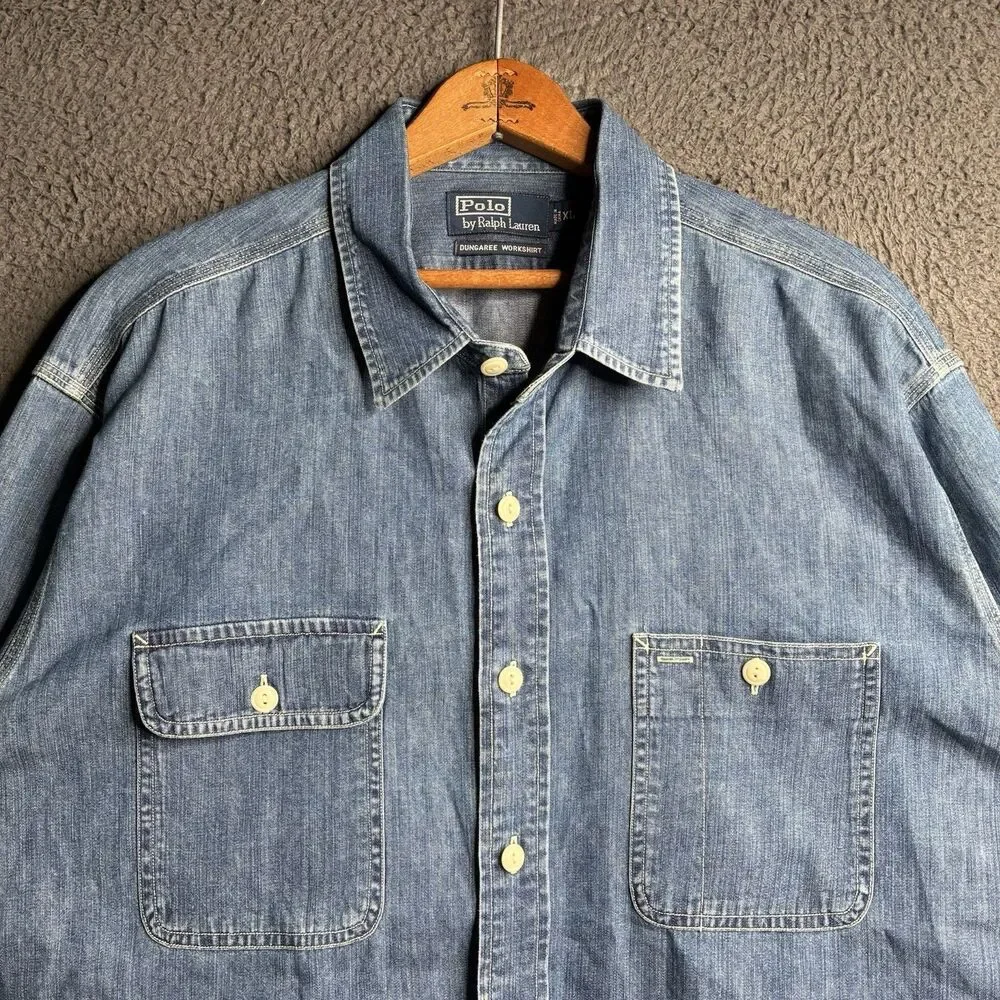 Vtg Polo Ralph Lauren Vintage Dungaree Work Shirt XL 52” RRL Style Indigo Denim